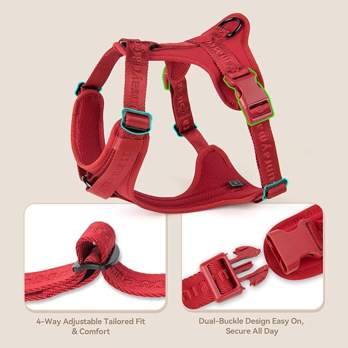 No Pull Dog Harness with Lycra, Three-Point Force Dispersion & 3D Padding, Adjustable Breathable Mesh for Small Medium Large Dogs(Burgundy Red,L)
