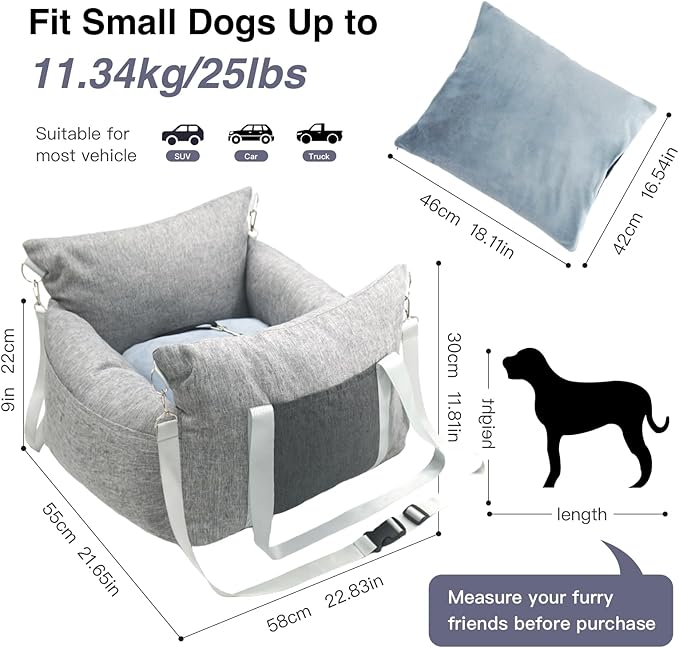 Pet Car Booster Seat for Small Dogs up to 25 lbs with Safety Straps, Storage Pockets, Travel Carrier Bed with Detachable Cover, Machine Washable (Light Gray)
