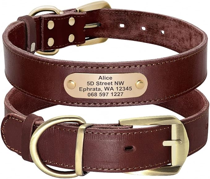 Custom Leather Dog Collar for Small Medium Large Dogs Pitbull Personalized Fashion Genuine Leather ID Collar with Name Plate Brown XL