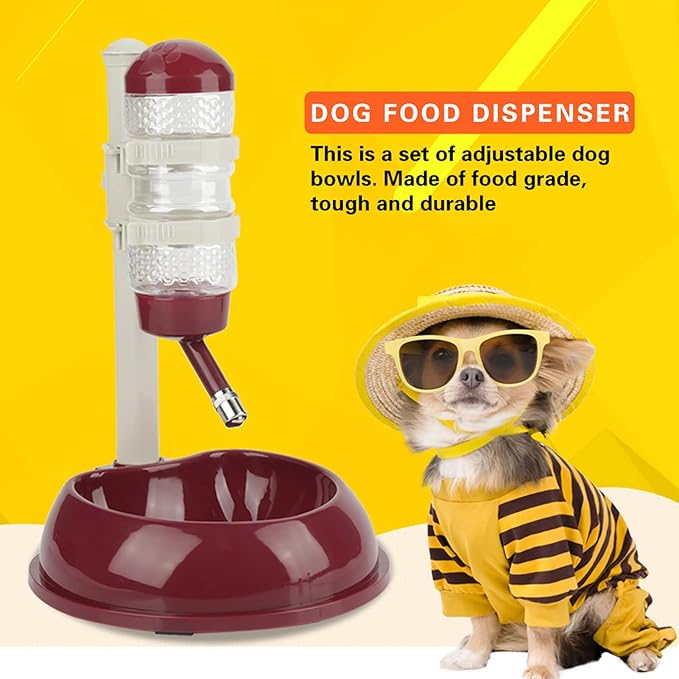 Pet Feeder Water Dispenser Kit,Adjustable Height Pet Automatic Water Food Dispenser Dog Bowl Vertical Cat Feeder Bowl Waterer Set for Dog Puppy Kitten (Brown)