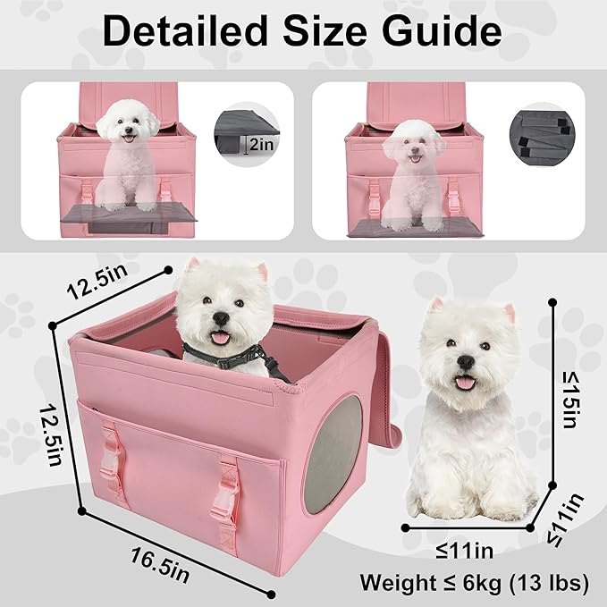 Dog Car Seat for Small Dogs, up to 13lbs, Foldable Dog Car Booster Seat with Non-Slip Bottom, Safety Tether and Storage Pocket, Comfortable Waterproof Fabric, Breathable Mesh Windows, Pink
