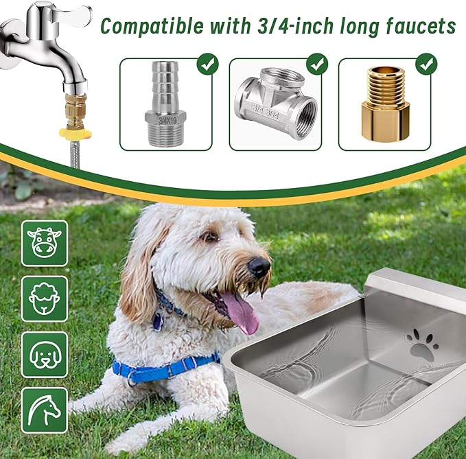 5.5Gal/20L Large Automatic Dog Water Dispenser,Stainless Steel Waterer Feeder Large Water Bowl for Pets & Livestock,Water Auto Fill Waterer with Float Valve Hose Quick Connector,Fit GHT 3/4" Faucet