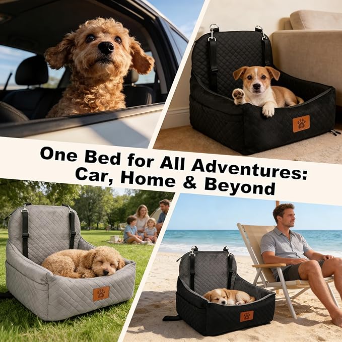 Dog Car Seat for Small/Medium-Sized Under 30 Pounds, Pet Car Seat Travel Bed with 2 Seat Belts and Headrest Seat Belts, Detachable Washable Covers and Side Storage Bags(Black/Grey)