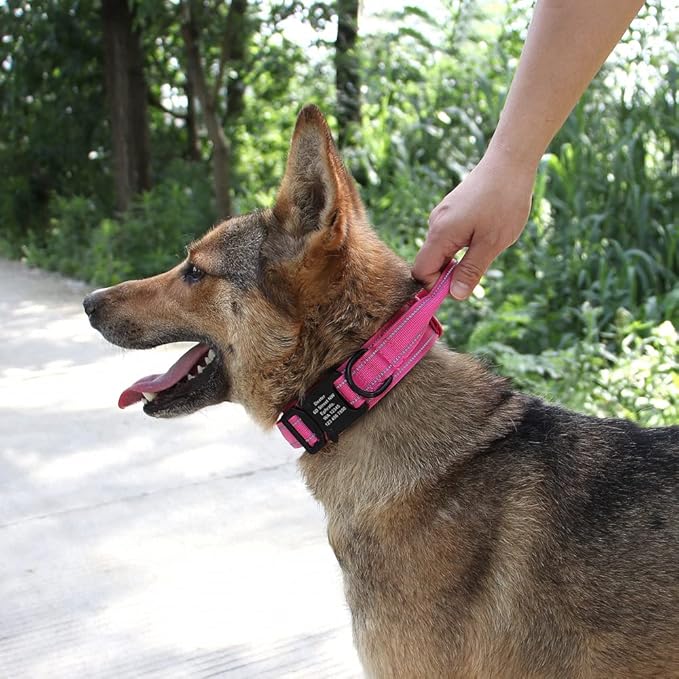 Military Tactical Pet Dog Collar Personalized Custom Nylon Reflective Small Medium Large Dog Collars Engraved ID Name Adjustable Pink M
