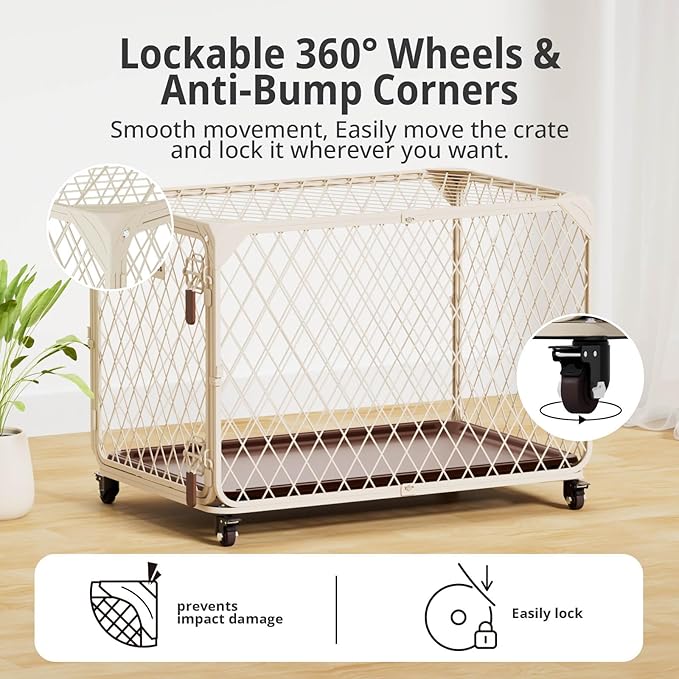 Dog Crate, 30 Inch Diamond Mesh Enhanced Dog Kennel with 4 Lockable Wheels, Removable Tray, Metal Cage Dog Crates for Medium, Small Dogs, Pets up 70 lbs, Ideal for Indoor Outdoor Use