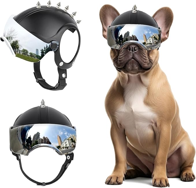 PETLESO Dog Helmet with Anti-UV Silver Goggles, Small Dog Motorcycle Helmet with Ear Holes, Drop-Down Biking Helmet, Adjustable Hat for Small Dogs Heads Protection with Rivets, Silver Lens
