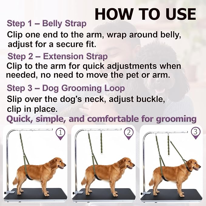 Dog Grooming Belly Straps Belly Band & Loop Extension Set - Adjustable & Comfortable Grooming Tools for Pet Grooming Tables Arms and All Dog Breeds (Purple)