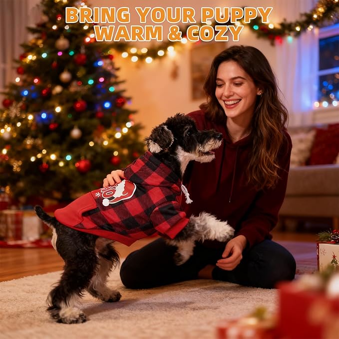 KOOLTAIL Christmas Dog Hoodie, Red Plaid Pet Sweater, Hat Hooded Sweatshirt Dog Clothes for Small Medium Large Dogs Boys Girls, Soft Warm Winter Cold Weather Coat with Leash Hole&Pocket, Santa, S