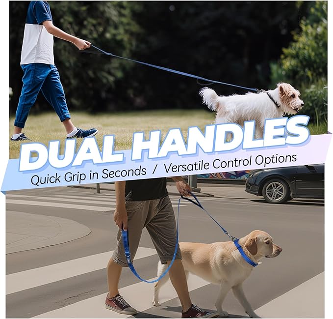 VIVAGLORY Twingrip Dog Leash, Double Handle Dog Leash for Training & Walking with Traffic Handle & 2 Loop, Traffic Control Reflective Heavy Duty for Puppy Pet, 4ft x 1in, Blue