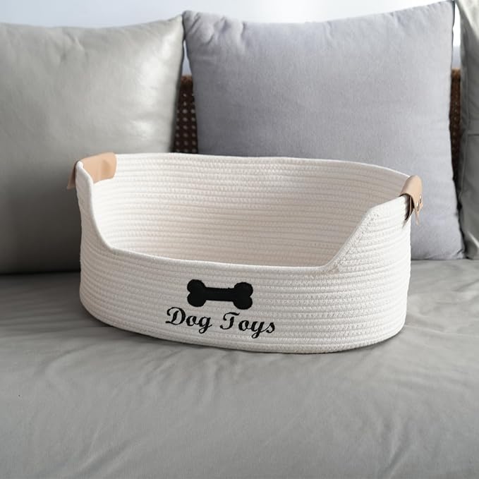 JJSQYLAN Large Dog Toy Basket, Cotton Rope Pet Toy Bin Organizer, Pet Toys Storage Accessory, Dog Basket for Toys