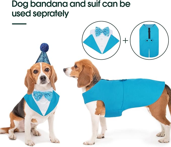 Kuoser Dog Tuxedo for Small Dogs, Pet Wedding Outfit with Bow Tie, Dog Suit and Bandana Set Formal Dogs Tux Pet Costume Halloween Christmas Outfit for Birthday Party Cosplay