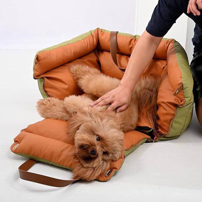 Dog Car Seat for Small & Medium Dogs - 3 in 1 Waterproof Soft Leather Dog Bed for Car with Harness Clip, Travel Bed & Carrier Bag for Pets, Fits Pets Up to 35 lbs (Green, Small & Medium)