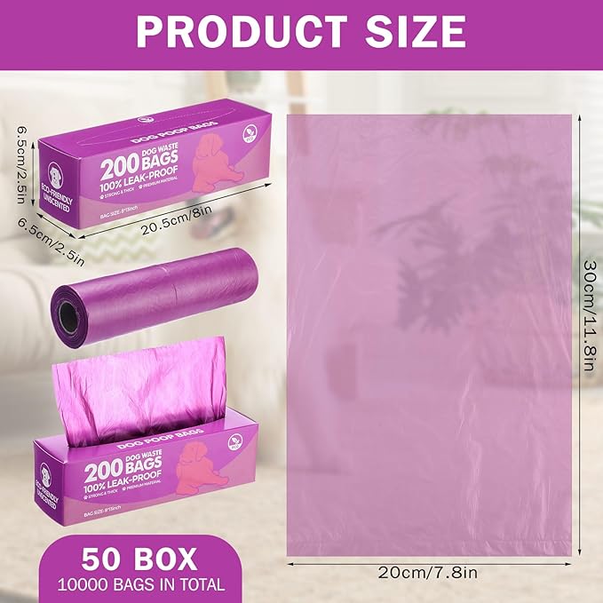 Sherr 50 Rolls Dog Waste Bags 10000 Count Dog Trash Bags Leak Proof Pet Doggie Poop Roll Waste Thick Plastic Bag for Home Park Outdoor Travel Pet Supplies (Purple)