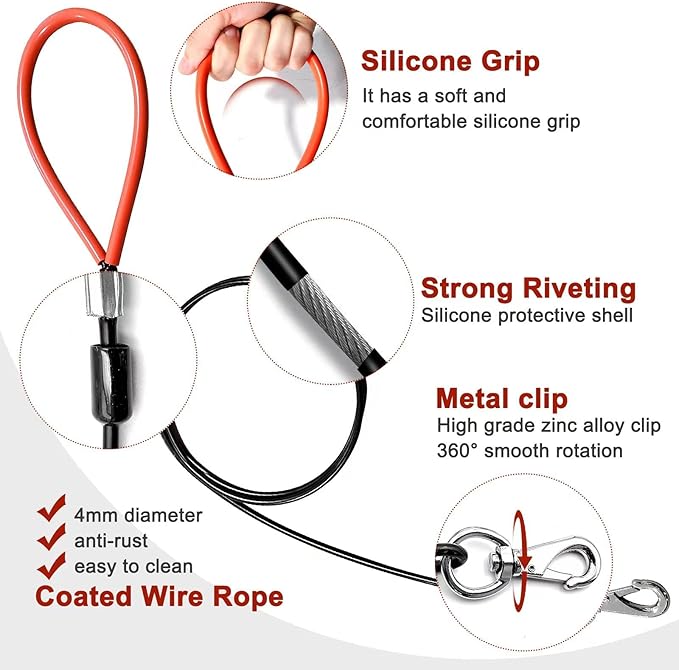 Heavy Duty Dog Leash, Chew Proof Metal Leash for Large Dogs (Up to 250lbs), 10ft WireRope Dog Leashes with Soft Silicone Grip