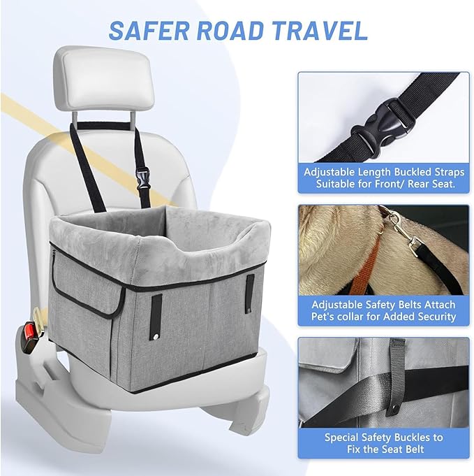 AYNEFY Dog Booster, Safe and Comfortable Dog Booster Car Seat Easy to Carry and Install, Adjustable Straps, Grey