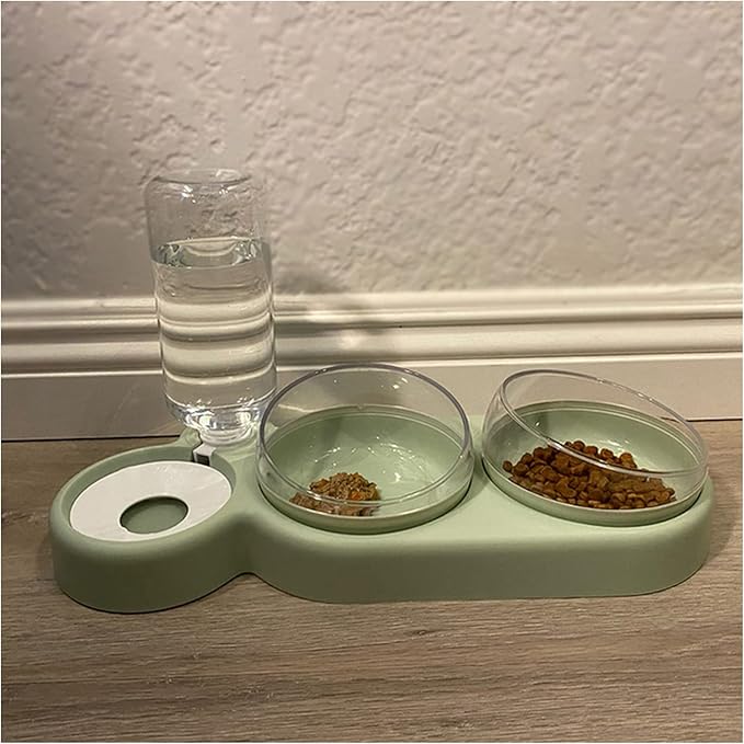 Pet cat Bowl Automatic Dog Food with Fountain Accessories Drinking Water Overhead(Green)