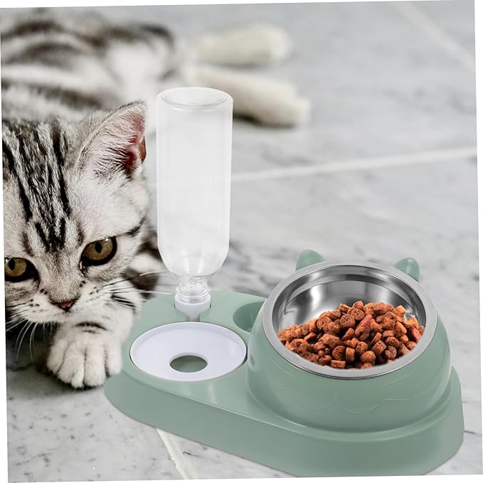 Automatic Pet Feeder and Water Dispenser Durable Dual Bowl and Cats Bite-Resistant with Stainless Steel for Home Use Dark Green Color