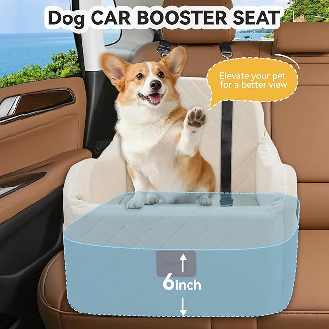 Dog Car Seat for Small Medium Dogs Up to 35lbs, Detachable Washable Soft Pet Booster Travel Bed for Front Seat with Safety Leash Belt (Beige, Medium)