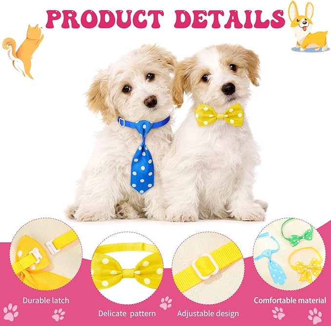 Reginary 100 Pieces Dog Bow Tie Collar Set Include 40 Dog Neckties, and 30 Puppy Bowties, 30 Collar Flowers, Adjustable Pet Ties Grooming for Small Medium Cats Pets Supply(Dot)