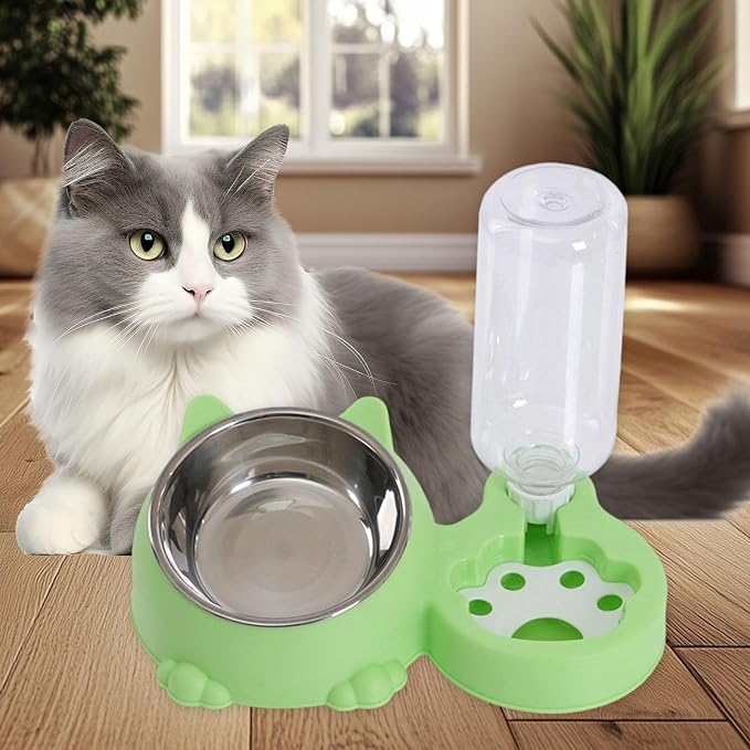 Dog Bowl with Automatic Water Bottle Practical Pets Water and Food Bowl Set for Small Medium Dogs Puppy- Green