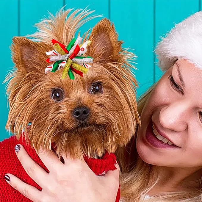 PET SHOW 20pcs/10pairs Curly Dog Hair Bows with Rubber Bands for Small Medium Dogs Spiral Puppy Swirl Topknot Cat Festival Hair Accessories Pet Favor Gift (Christmas Styles)
