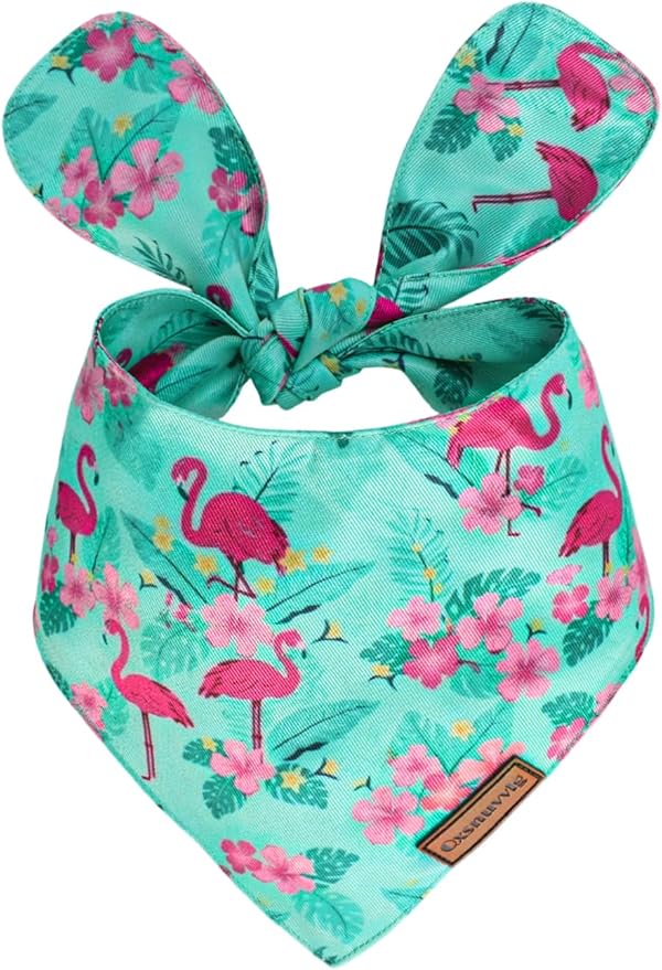 Dog Birthday Bandana, Luxury Handmade Double-Layer Pet Bandana for Small Medium Large Dogs, Silk-Soft Polyester Neck Gaiter for Birthday Party, Christmas, Thanksgiving(Blue Flamingo,Medium)