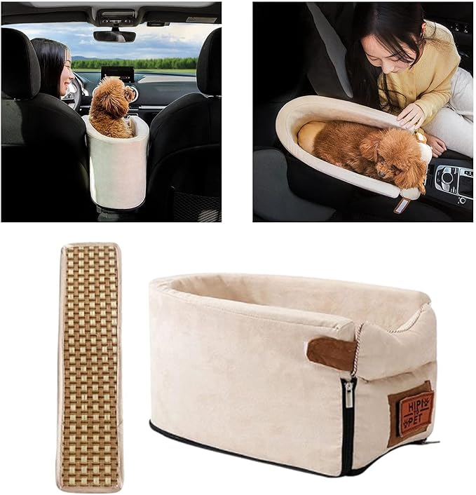 Pet Car Booster Seat Portable Breathable Travel Carrier Stable Puppy Dog Car Seat Summer Cooling Mat (Beige)