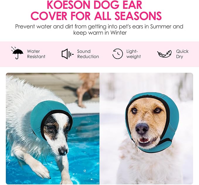 KOESON Dog Calming Hoodie - No Shake Ear Wraps for Dogs, Anxiety Relief & Noise Protection, Water Resistant Pet Ear Cover Muffs for Firework, Grooming, Thunderstorms, Swimming, Bathing, Turquoise M