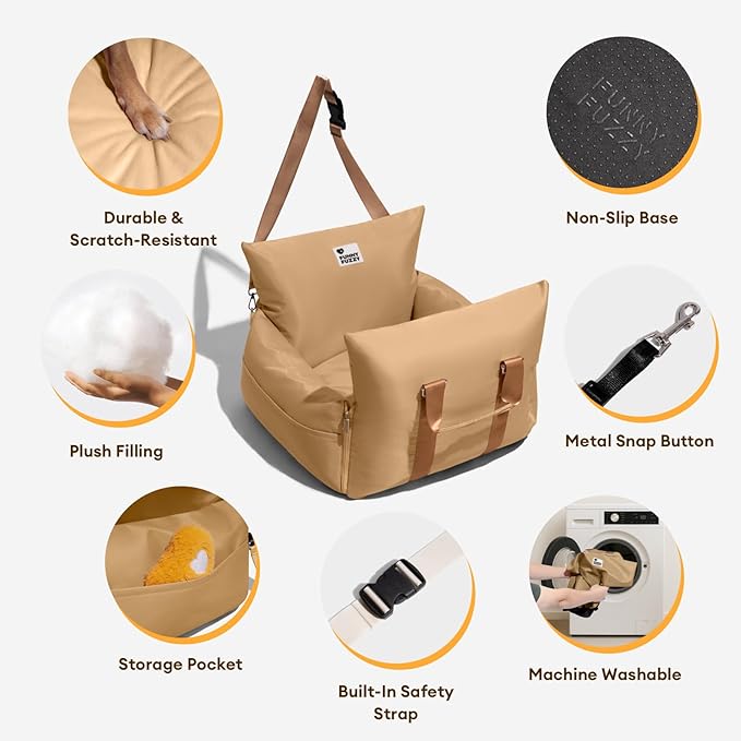 FUNNY FUZZY Dog Car Booster Seat for Small/Medium Dogs up to 25lbs – Waterproof, Non-Slip Base, Safety Leash & Fully Washable Design for Safe and Comfortable Travel (Brown)