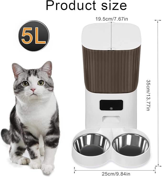 YOXIER Automatic Cat Feeder, 5L Cat Food Dispenser, Smart Scale Tracking, Custom Feeding Schedules, 5L Capacity for Cats & Small Dogs, Stainless Steel Bowl, Desiccant Bag, Dual Power Supply 1 Set