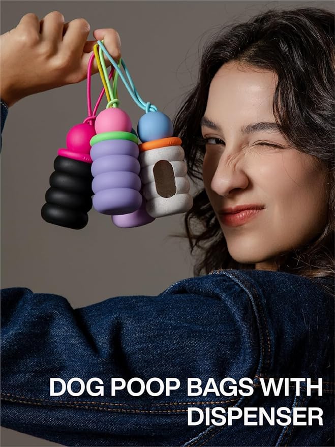 Dog Poop Bags with Dispenser, Leak Proof and Extra Thick Pet Waste Bags for Walking Dog and Cats Litter, 1 Bag Holder and 105 Bags (Silver)