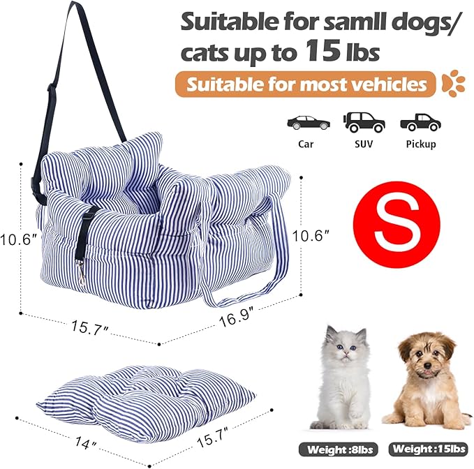 Small Dog Car Seat Up to 15lbs - Pet Travel Bed Booster with Storage, Safety Tether, Anti-Slip Bottom for Cars(Blue)