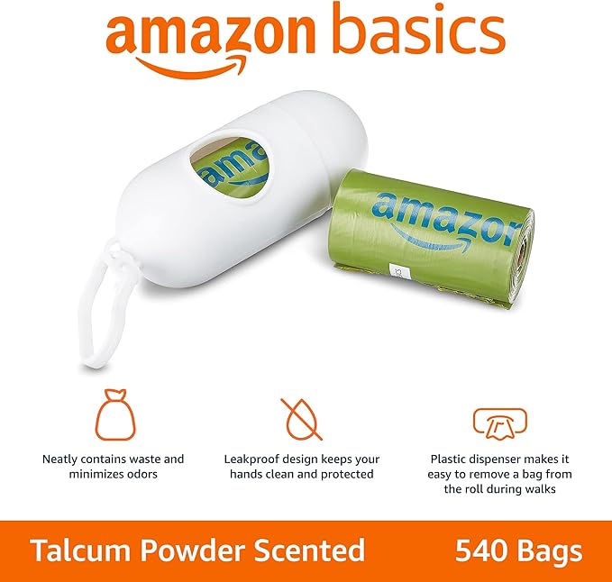 AmazonBasics Enhanced Dog Waste Bag with Dispenser and Leash Clip - 540 Count, Talcum Powder