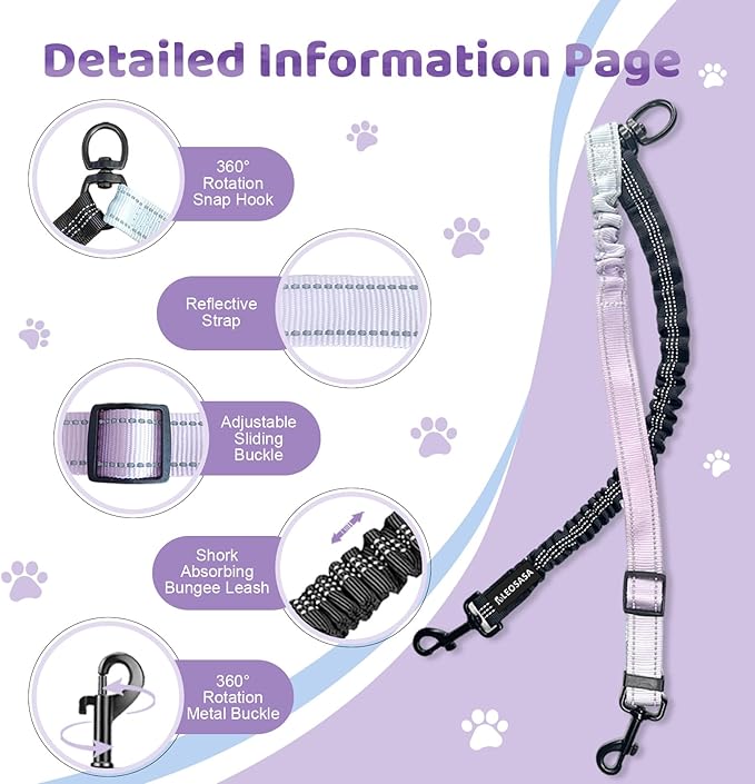 Double Dog Leash for Two Dogs - Gradient Color No Tangle Swivel Dog Coupler with Heavy Duty Clip, Size Adjustable Bungee Leash Attachment for Small, Medium, Large 2 Dogs, Style 1