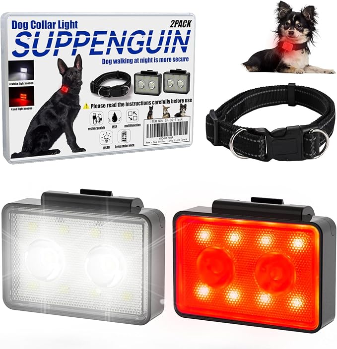 Rechargeable Dog Collar Lights, SUPPENGUIN 3+4 Modes Dog Lights Clip on for Night Walking, Night time, Portable, IP44 Waterproof (Black, 2 Pack)