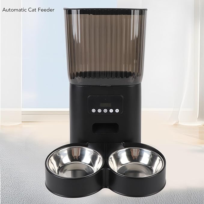 Automatic Cat Feeder, Cat Food Dispenser with Timer Automatic Dog Feeder Feeding Button Control Automatic Cat Food Dispenser for Dog Pet Indoor (Dual Bowls)