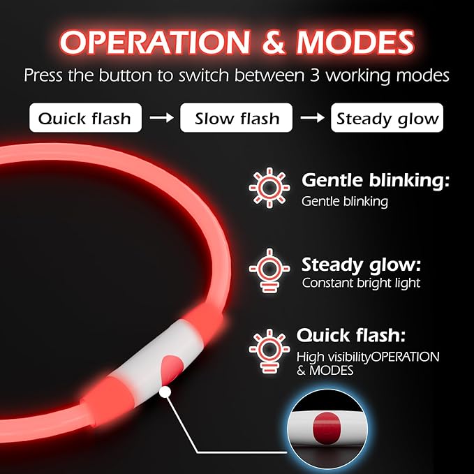 Rechargeable Reflective Pet Gear LED Dog Collar Light Up, Flashing Glowing Illuminated Collar for Night Walking, Neon Pet Collar with Light for Small/Medium/Large Dogs (Red, 1-Pack)