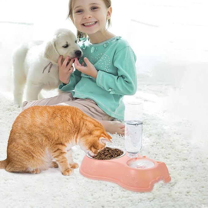 HEMOTON Automatic Dual Pet Feeder and Water Bowl Set, Pink Plastic Cat and Dog Food Dispenser with Water Bottle, Suitable for Puppies and Kittens, Convenient Pet Feeding Solution