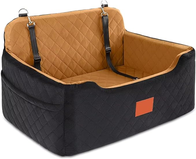 Quilted Car Dog Booster Seat, Black and Gray, Double Pet Car Seat with Safety Straps, Washable Travel Carrier. (Black Gray)