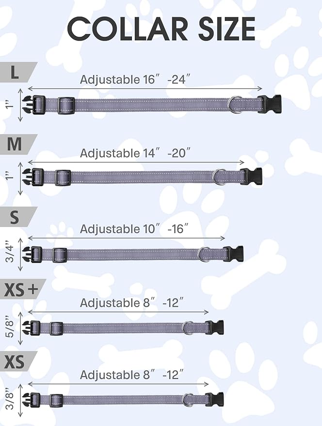 FunTags Reflective Dog Collar, Sturdy Nylon Collars for Puppy and Extra Small Girl and Boy Dogs, Adjustable Dog Collar with Quick Release Buckle,Gray,3/8" Width