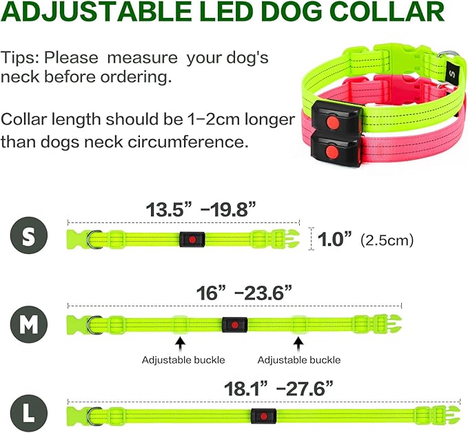 Light Up Dog Collar for Night Walking Flashing, LED Dog Collar Light Rechargeable Reflective Dog Collar Water-Resistant Adjustable Size Dog Collars for Medium Dogs