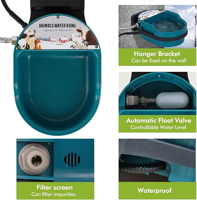 Heated Automatic Dog Water Bowl Outdoor Large Breed Heated Waterer with Float Valve Wall Mounted Pet Thermal-Bowl Winter Livestock Water for Dogs Chicken Horse Cat