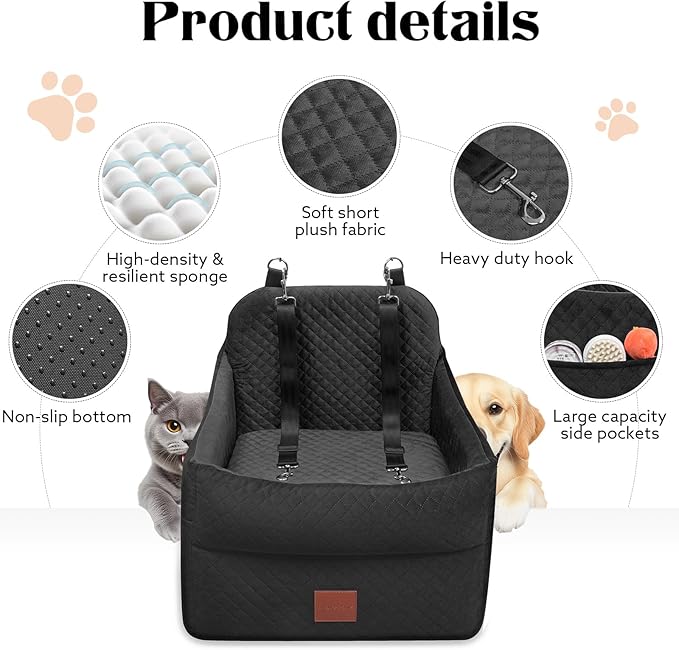 Dog Car Seat for Small/Medium Dogs Under 35lbs, Memory Foam Dog Booster Seats with Washable Removable Cover, Travel Portable Pet Car Seat with 2 Safety Belts and Storage Pockets (Black, Medium)