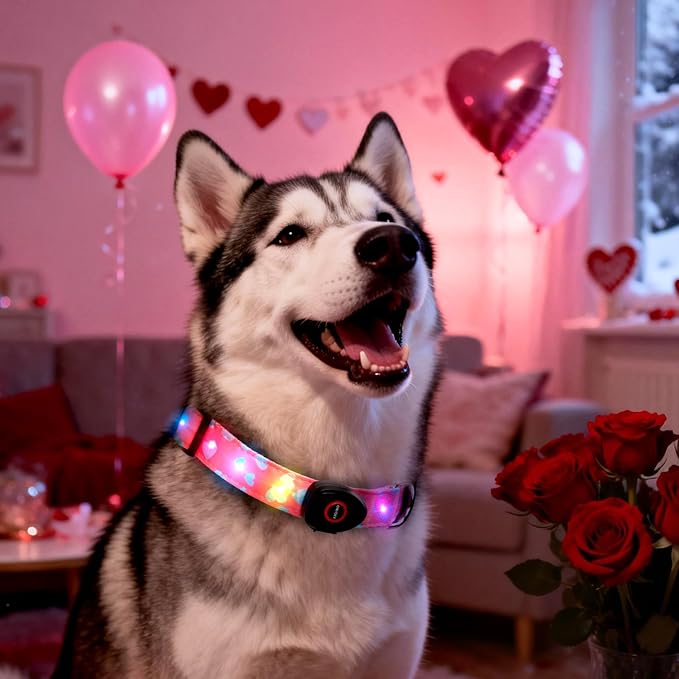 Light Up Dog Collar, LED Dog Collar Glow in The Dark - USBC Rechargeable, 3 Flashing Modes Adjustable Glow Collar, Safety Fashionable Cute Dog Light Up Collars for Medium Large Dogs-Blue Heart Shape