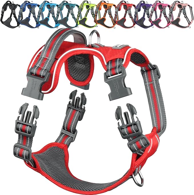 VIVAGLORY Dog Harness Easewalk No Pull Dog Harness with Handle Front Clip & Back Clip for Training Walking Lifting, No Pull Adjustable Easy On Padded Comfortable for Pet, XL, Red - Patterned