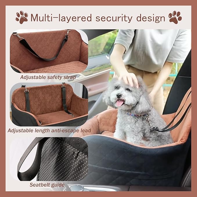 Dog Car Seat for Medium & Large Dogs Under 55 lbs, Memory Foam Dog Booster Seat for Back Seat, Detachable & Washable Pet Car Bed with 2 Safety Leashes and Storage Pockets, Large (Black/Brown)