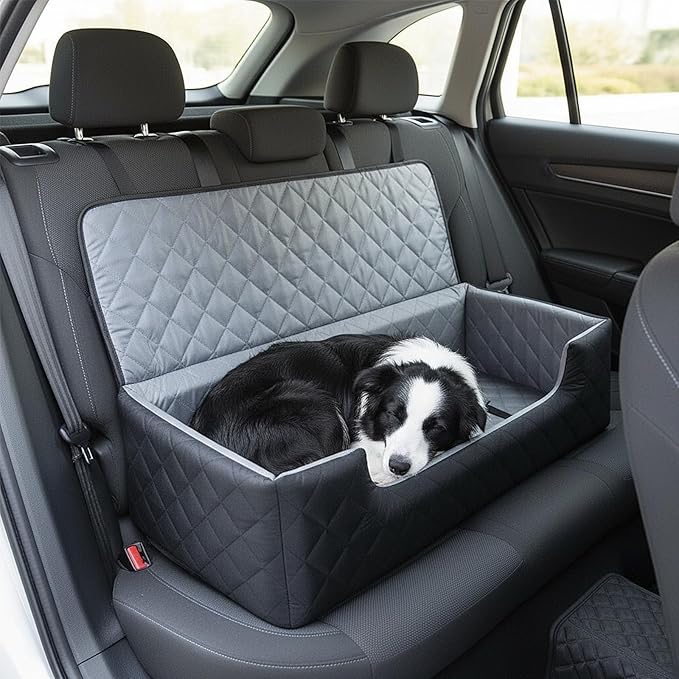 Dog Car Seat for Large Medium Dogs, Dog Booster Seat for 2 Small Dogs Memory Foam, Travel Safe Bed with Safety Belts Detachable Washable, Anti-Slip Base