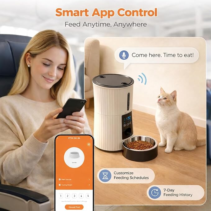 Simple Deluxe Automatic Cat Feeder, Wi-Fi - 4L Dry Food Dispenser for Cat and Dog with APP Control | 10 Meals | 10s Voice Recorder | Programmable 50 Portions | Dual Power Supply | Desiccant Bag, White
