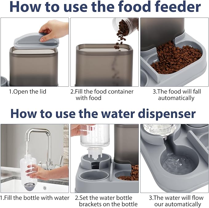 Yummy Sam Automatic Cat Feeder and Water Dispenser, 2 in 1 Large Capacity Gravity Small Pet Auto 2.5L Pet Feeder and 1L Waterer Set Feeder Dish for Small Medium Pets Dog Puppy Kitten (Grey Black)