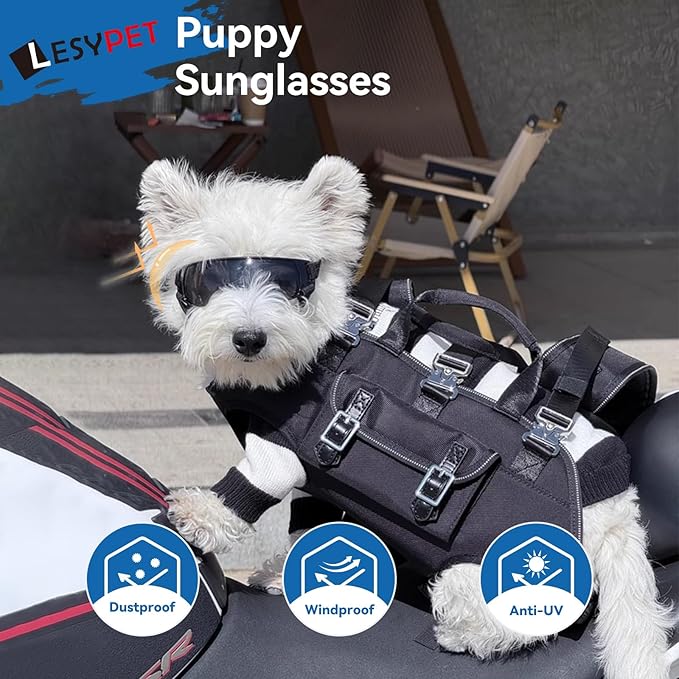 LESYPET Dog Sunglasses for Small Breed, UV Wind Dust Protection Dog Goggles for Pet Outdoor Driving Riding, Pet Glasses Eye Wear with Adjustable Strap, Black